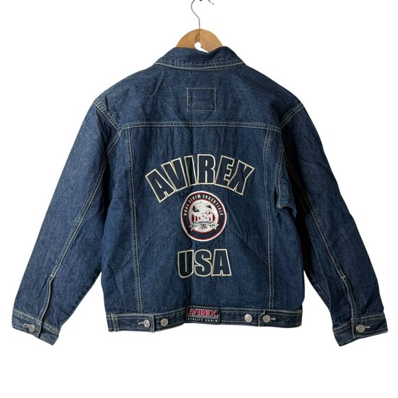 VTG Avirex USA Embroidered Patch Button Up Denim Jean Jacket Youth M Y2K Eagle - Picture 1 of 9